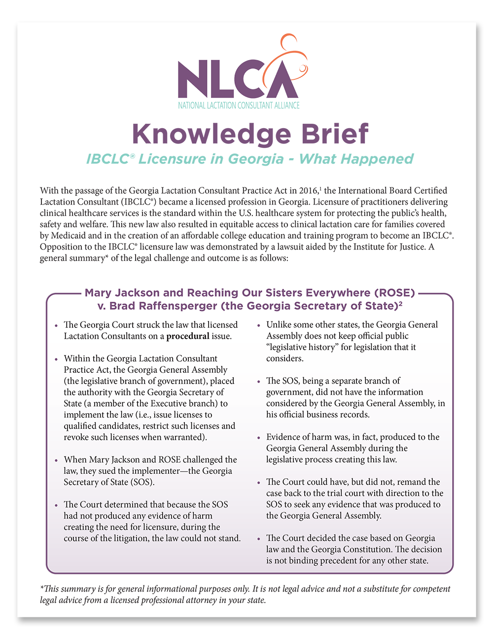 NLCA Knowledge Brief - IBCLC Licensure in Georgia